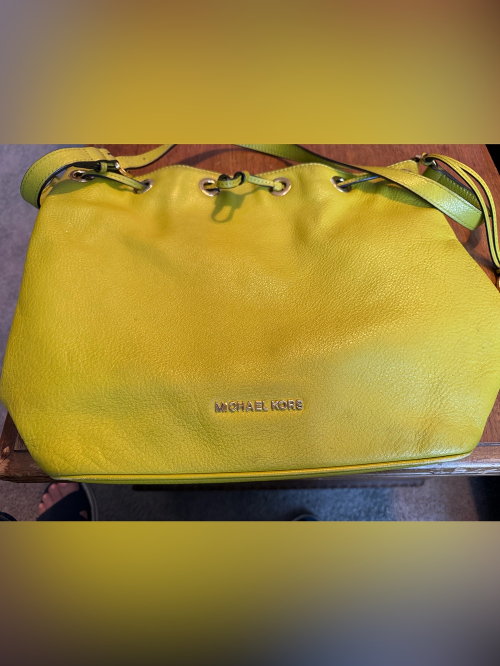 Bright Green  Leather Drawstring Tote Bag By Michael Kors - Picture 4 of 13